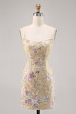 Apricot Floral Spaghetti Straps Tight Short Prom Dress with Sequins