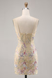 Apricot Floral Spaghetti Straps Tight Short Prom Dress with Sequins