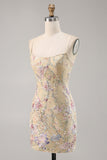 Apricot Floral Spaghetti Straps Tight Short Prom Dress with Sequins