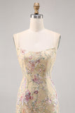 Apricot Floral Spaghetti Straps Tight Short Prom Dress with Sequins