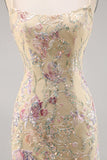 Apricot Floral Spaghetti Straps Tight Short Prom Dress with Sequins