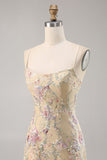 Apricot Floral Spaghetti Straps Tight Short Prom Dress with Sequins