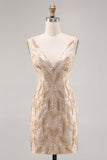Sparkly Champagne V-Neck Short Sequin Tight Prom Dress with Beading