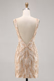 Sparkly Champagne V-Neck Short Sequin Tight Prom Dress with Beading