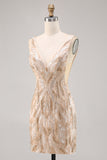 Sparkly Champagne V-Neck Short Sequin Tight Prom Dress with Beading