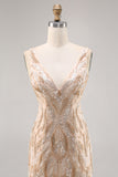 Sparkly Champagne V-Neck Short Sequin Tight Prom Dress with Beading