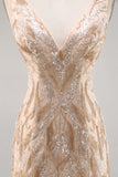 Sparkly Champagne V-Neck Short Sequin Tight Prom Dress with Beading