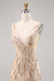 Sparkly Champagne V-Neck Short Sequin Tight Prom Dress with Beading
