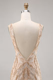 Sparkly Champagne V-Neck Short Sequin Tight Prom Dress with Beading