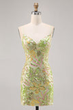 Sparkly Green Spaghetti Straps Mini Sequin Floral Tight Prom Dress