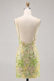 Sparkly Green Spaghetti Straps Mini Sequin Floral Tight Prom Dress
