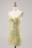 Sparkly Green Spaghetti Straps Mini Sequin Floral Tight Prom Dress