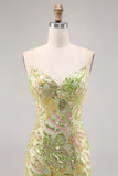 Sparkly Green Spaghetti Straps Mini Sequin Floral Tight Prom Dress