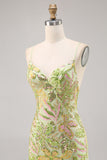 Sparkly Green Spaghetti Straps Mini Sequin Floral Tight Prom Dress