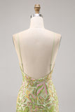 Sparkly Green Spaghetti Straps Mini Sequin Floral Tight Prom Dress