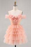 Blush Cold Shoulder Tulle A Line Short Floral Prom Dress with Ruffles