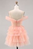 Blush Cold Shoulder Tulle A Line Short Floral Prom Dress with Ruffles
