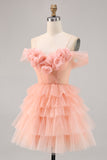 Blush Cold Shoulder Tulle A Line Short Floral Prom Dress with Ruffles