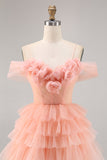 Blush Cold Shoulder Tulle A Line Short Floral Prom Dress with Ruffles