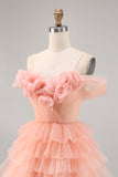 Blush Cold Shoulder Tulle A Line Short Floral Prom Dress with Ruffles