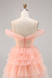 Blush Cold Shoulder Tulle A Line Short Floral Prom Dress with Ruffles
