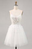A Line Short White Tulle Corset Prom Dress with Appliques