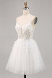 A Line Short White Tulle Corset Prom Dress with Appliques