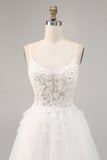 A Line Short White Tulle Corset Prom Dress with Appliques