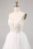 A Line Short White Tulle Corset Prom Dress with Appliques