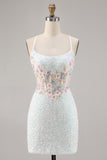 Sparky White Corset Floral Tight Short Prom Dress with Sequins
