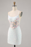 Sparky White Corset Floral Tight Short Prom Dress with Sequins