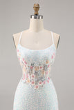 Sparky White Corset Floral Tight Short Prom Dress with Sequins