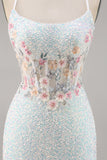 Sparky White Corset Floral Tight Short Prom Dress with Sequins