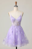 Sparkly Purple A Line Short Floral Prom Dress with Sequins