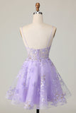 Sparkly Purple A Line Short Floral Prom Dress with Sequins