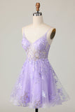 Sparkly Purple A Line Short Floral Prom Dress with Sequins