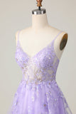 Sparkly Purple A Line Short Floral Prom Dress with Sequins