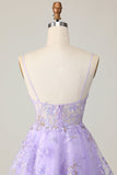 Sparkly Purple A Line Short Floral Prom Dress with Sequins