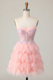 Pink Tulle Spaghetti Straps Corset Sequins Short Prom Dress with Ruffles