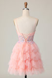 Pink Tulle Spaghetti Straps Corset Sequins Short Prom Dress with Ruffles