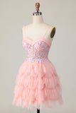 Pink Tulle Spaghetti Straps Corset Sequins Short Prom Dress with Ruffles