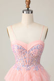 Pink Tulle Spaghetti Straps Corset Sequins Short Prom Dress with Ruffles