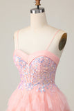 Pink Tulle Spaghetti Straps Corset Sequins Short Prom Dress with Ruffles