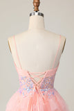 Pink Tulle Spaghetti Straps Corset Sequins Short Prom Dress with Ruffles