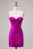 Sparkly Fuchsia Sweetheart Corset Tight Short Prom Dress with Rhinestones