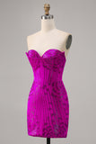 Sparkly Fuchsia Sweetheart Corset Tight Short Prom Dress with Rhinestones