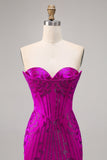 Sparkly Fuchsia Sweetheart Corset Tight Short Prom Dress with Rhinestones