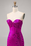 Sparkly Fuchsia Sweetheart Corset Tight Short Prom Dress with Rhinestones