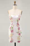 Sparkly White Short Floral Homecoming Dress with Sequins Tight Strapless Cocktail Dress
