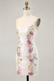 Sparkly White Strapless Short Tight Floral Cocktail Dress with Sequins